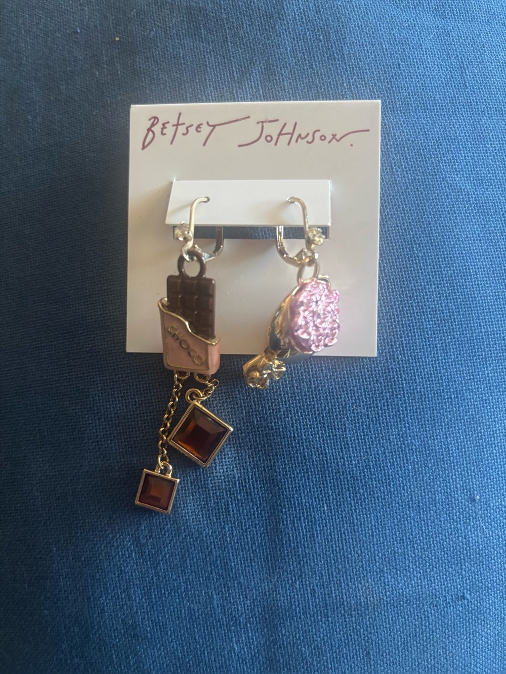 Betsey Johnson Gold-Tone Pink Crystal & Brown Chocolate Dangle Earrings